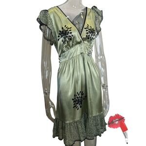 Y2K Double Zero Dress Large Green Floral‎ Satin Black Lace Trim Ruffle Hem